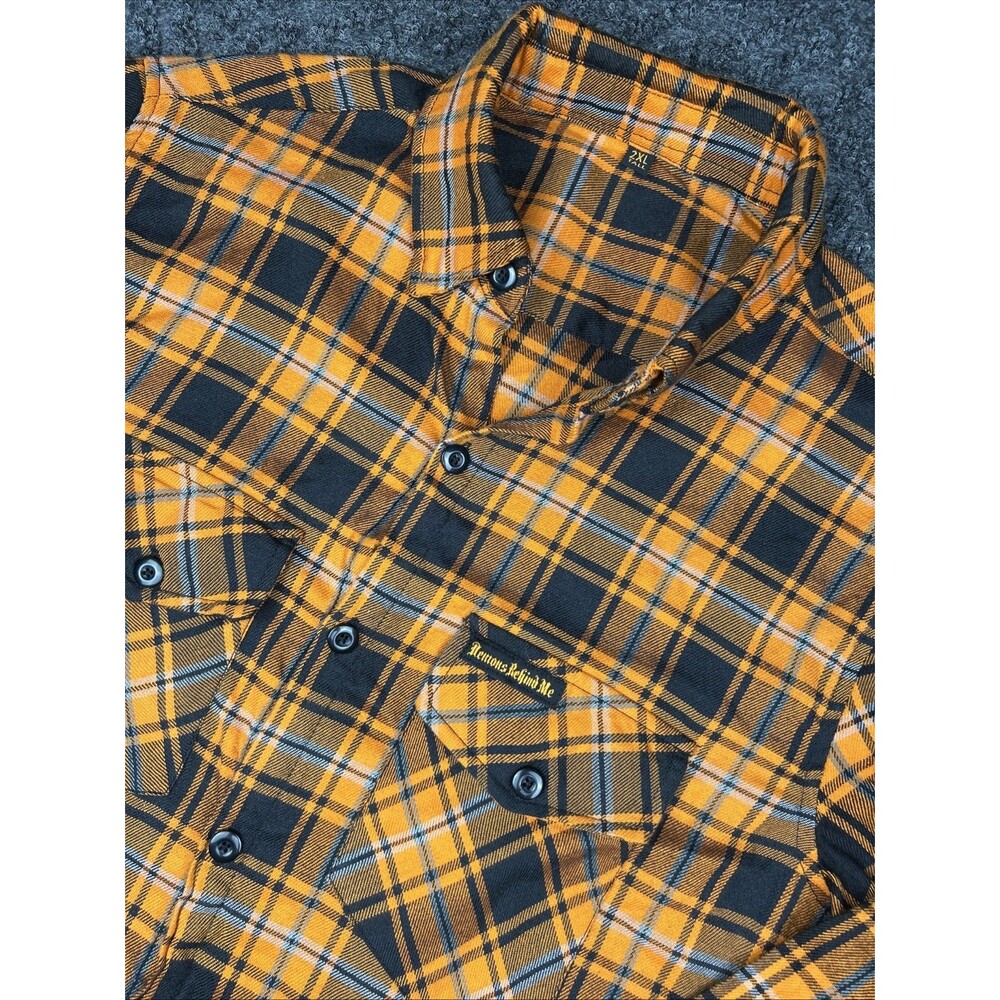 Demons Behind Me Flannel Men’s 2XLT Tall Orange Plaid Skull Embroidered